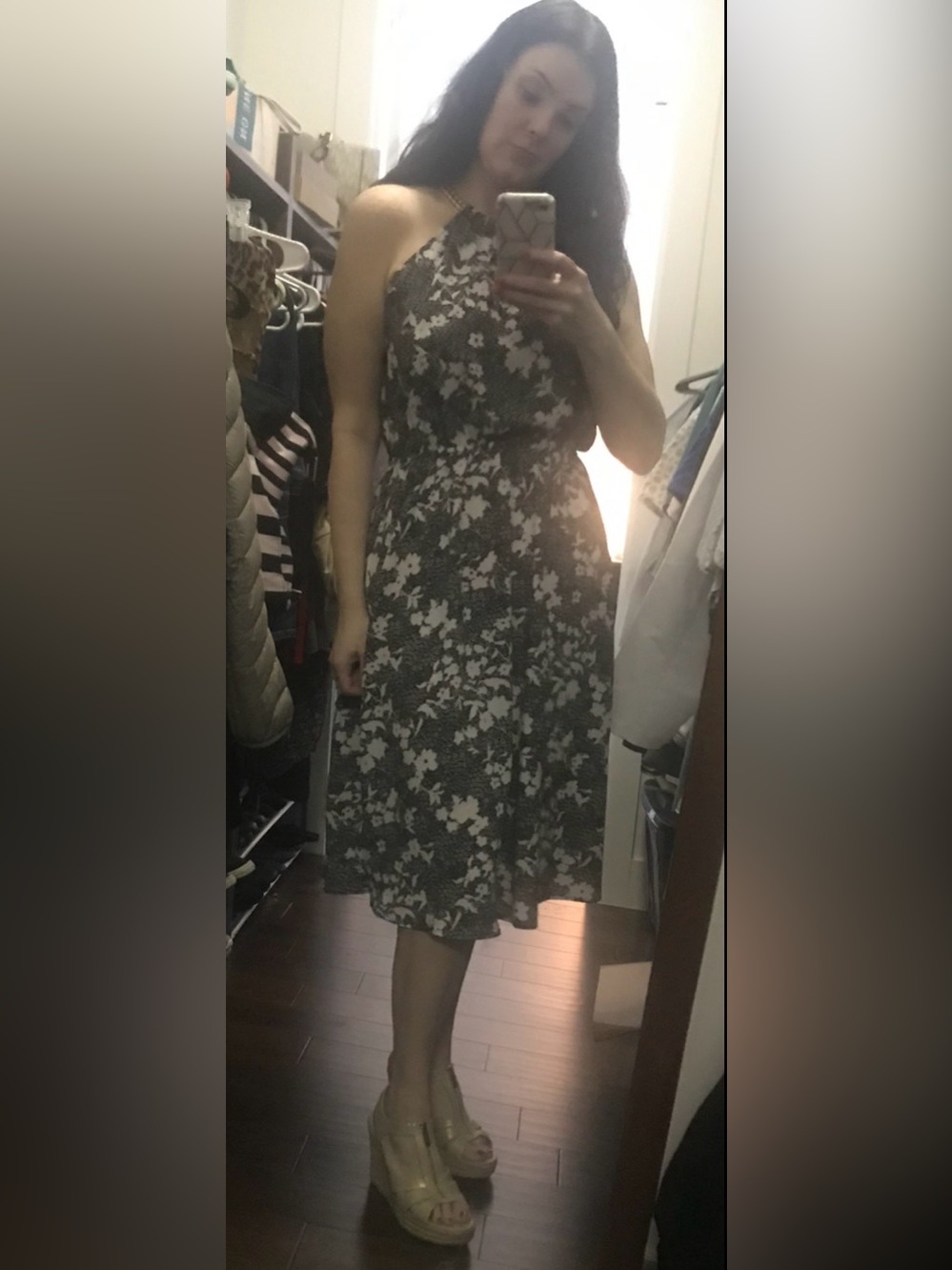 Michael Kors Black and White Floral Halter Midi Dress with Gold Chain
